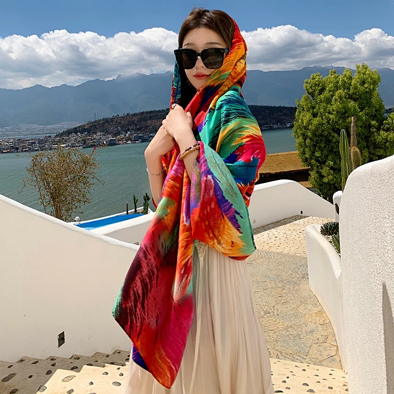 Fashion Women Beach Scarf Bohemia Flower Summer Hijab Shawls and Wraps Female Foulard Echarpe Designer Pashmina Bandana 2023