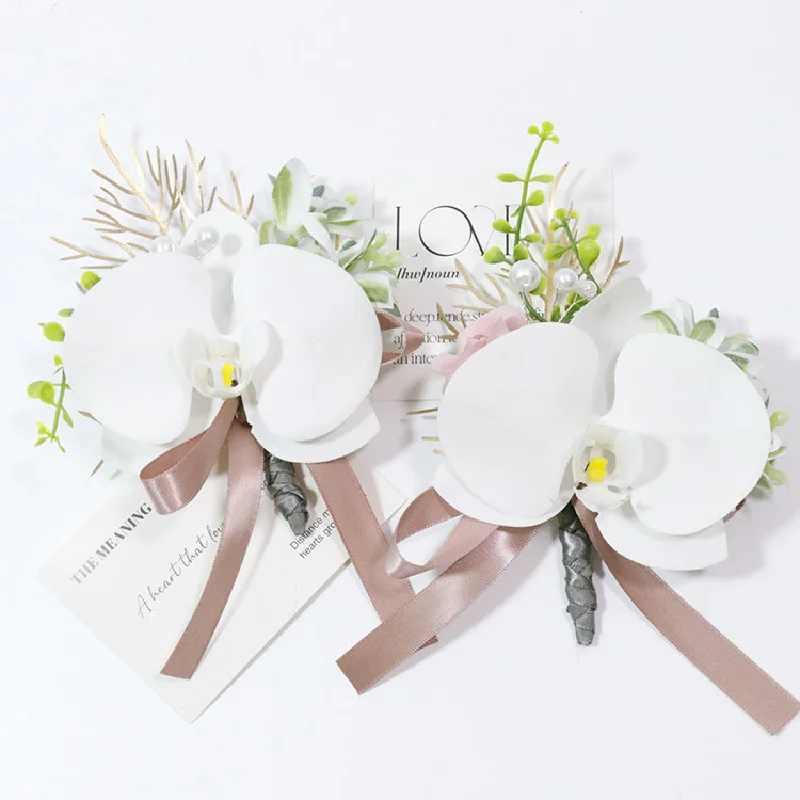 Boutonniere And Wrist Corsag Business Celebration Chestflower Simulation Wedding Supplies White Phalaenopsis Orchid 450