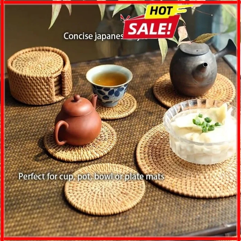 6Pcs Drink Coasters Set For Kungfu Tea Accessories Round Tableware Placemat Dish Mat Rattan Weave Cup Mat Pad Diameter 8Cm