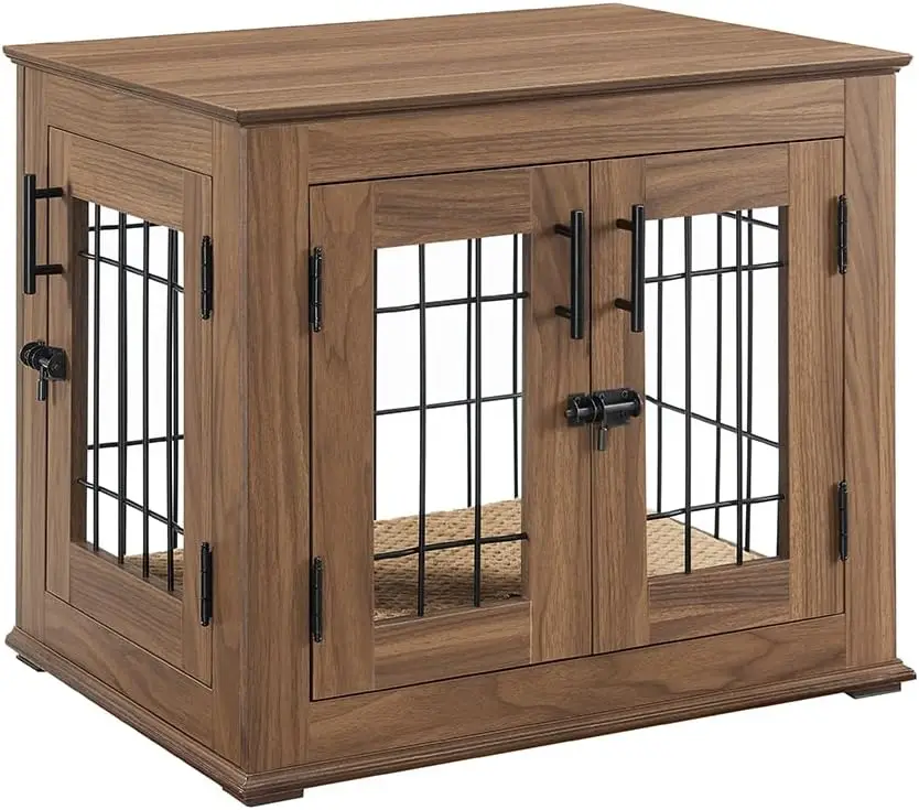 Furniture Style Dog Crate End Table, Double Doors Wooden Wire Dog Kennel with Pet Bed, Decorative Pet Crate Dog House