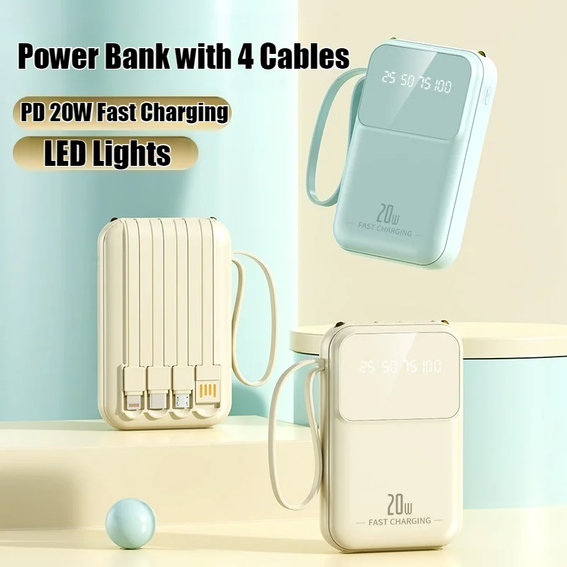 

2025 Newest Portable Power Bank Comes with Four-wire External Battery Charger Case Mobile Power Supply for iPhone Samsung Xiaomi