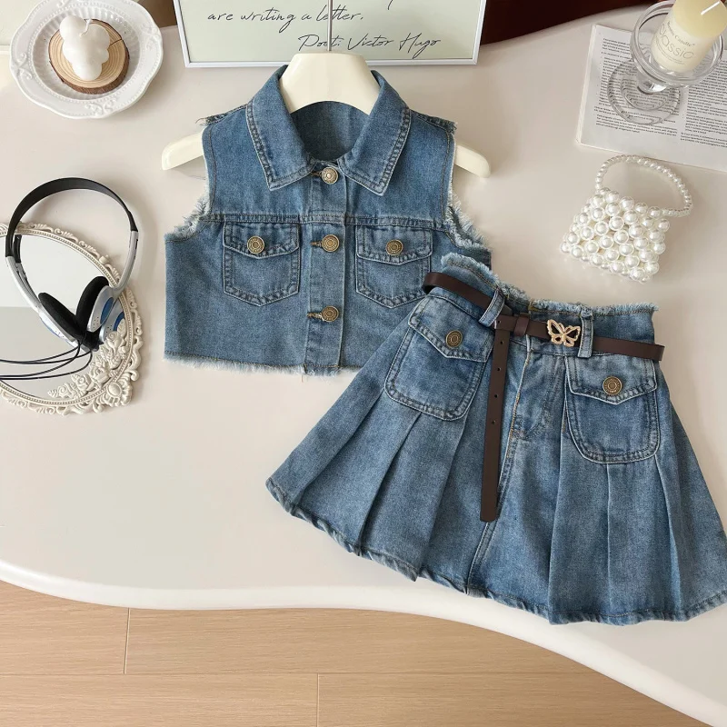 

Girls' Denim Set Summer New Denim Sleeveless Vest+Pleated Skirt Set for Girls Cute