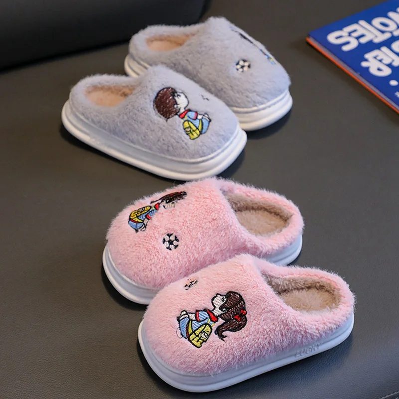 Winter Cotton Children Slippers Cute Warm Plush Anti-Slip Thick Sole Home Shoes Funny Cartoon Fuzzy Slippers Boy Girl Flat Shoes