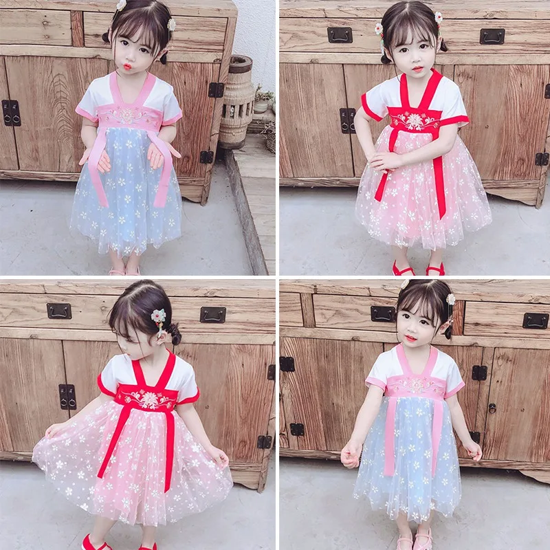 Baby Girl Hanfu Dress Girls Summer Clothes Little Girl Antique Dress Kids Chinese Style Clothes Short-Sleeved Princess Dresses