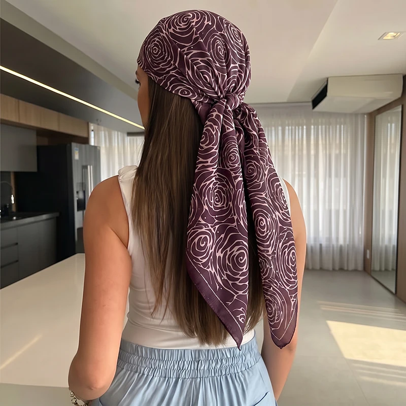 

Luxury Silk Square Scarf Rhinestone Border Rose Printed Bandana Satin Headscarf for Women Daily Sun Protection Neck Accessory