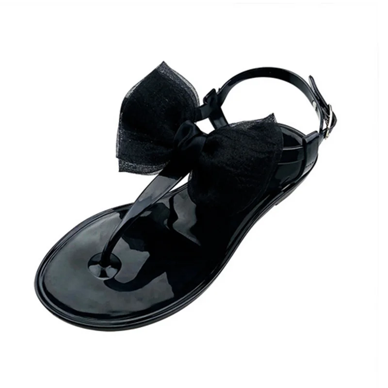 Lady Jelly PVC Plastic Sandals With Buckle Strap Sweet Big-Bow Knot Shoes Black Pinkish Zoris Chaussure Wide Fits 36-42 Lesiure