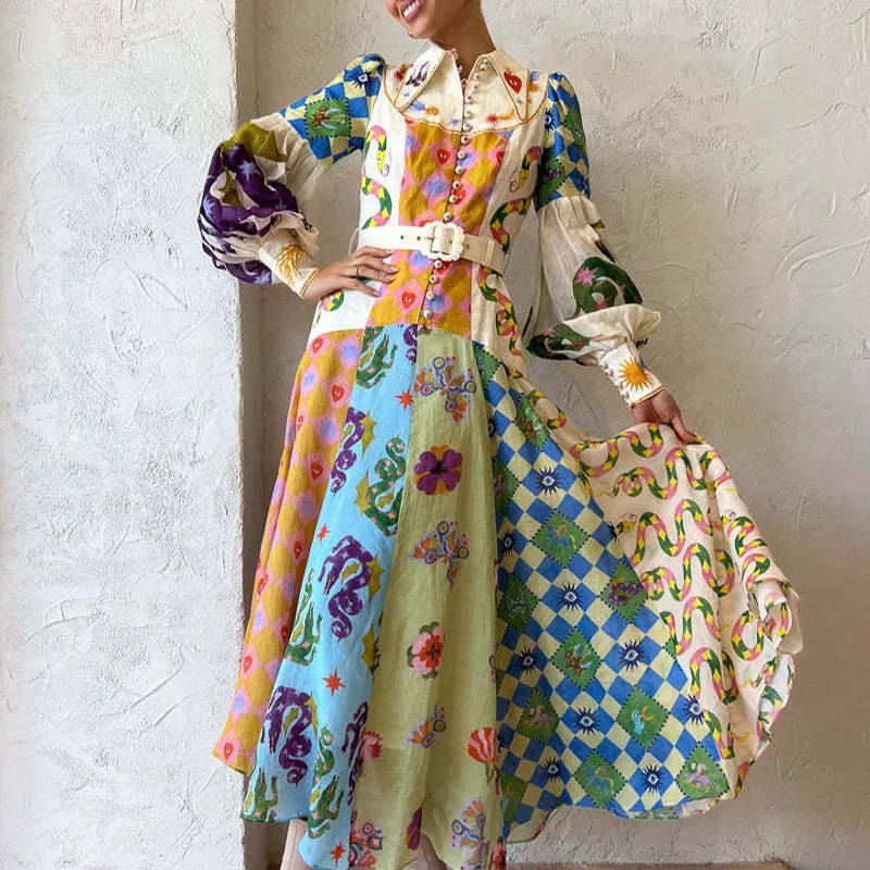 

Женское платье с длинными рукавами-фонариками и поясом