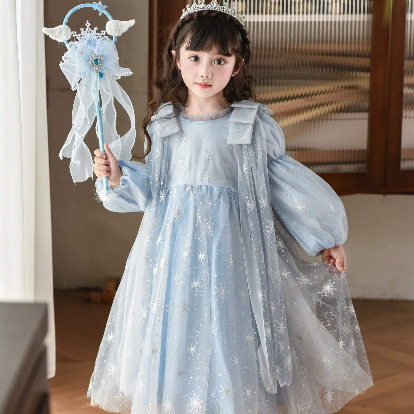 

Платье в стиле принцессы для девочек, юбка Эльзы, осенний новый продукт, сетка в западном стиле для девочек с длинными рукавами