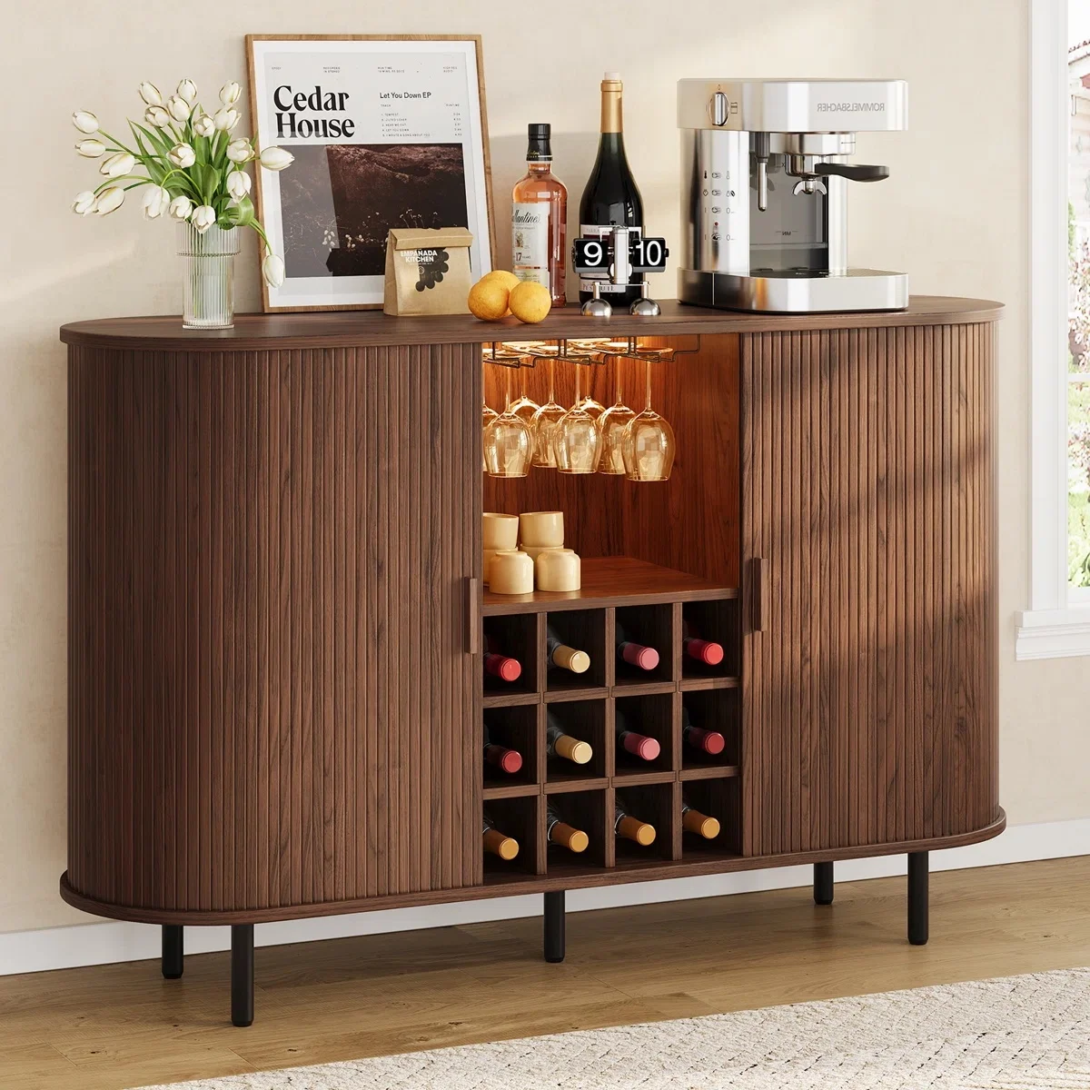 Modern Bar Cabinet with Adjustable Shelf RGB Light Wine Cabinet with Wine Glass Stand Wine Rack