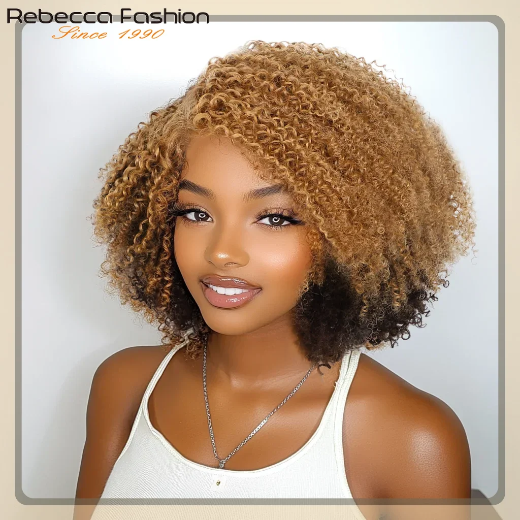 Ombre Blonde 100% Human Hair Wigs Long Afro Kinky Curly Side Part Lace Bob For Women Remy Hair Glueless Colored Wigs Daily Wear