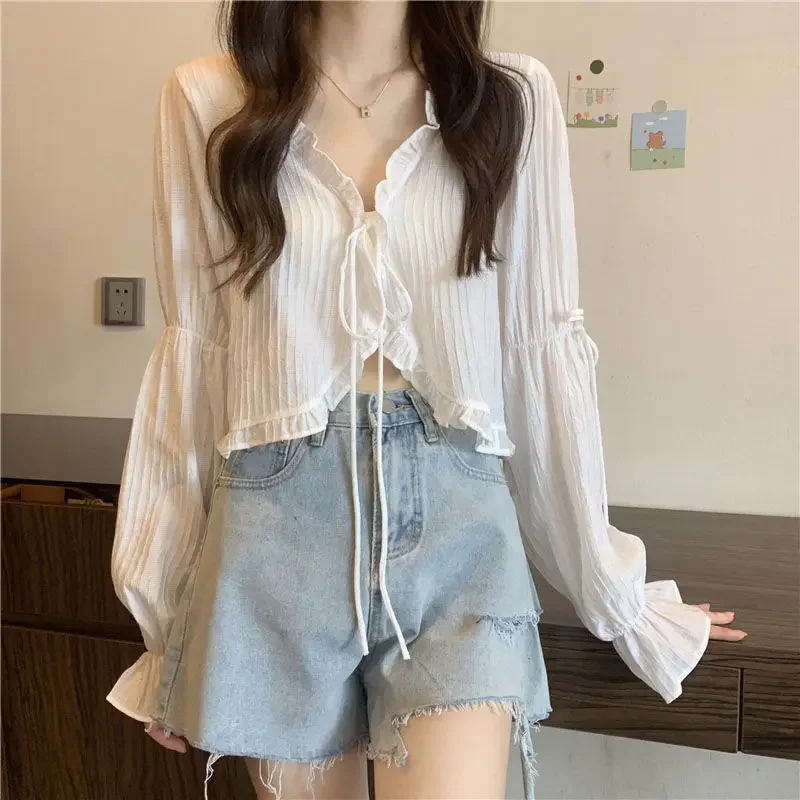 Süße Rüsche Spitze Up Cardigan Frauen Sommer Lange Hülse Sonnencreme Jacke Frau Candy-farbe Chiffon Crop Tops