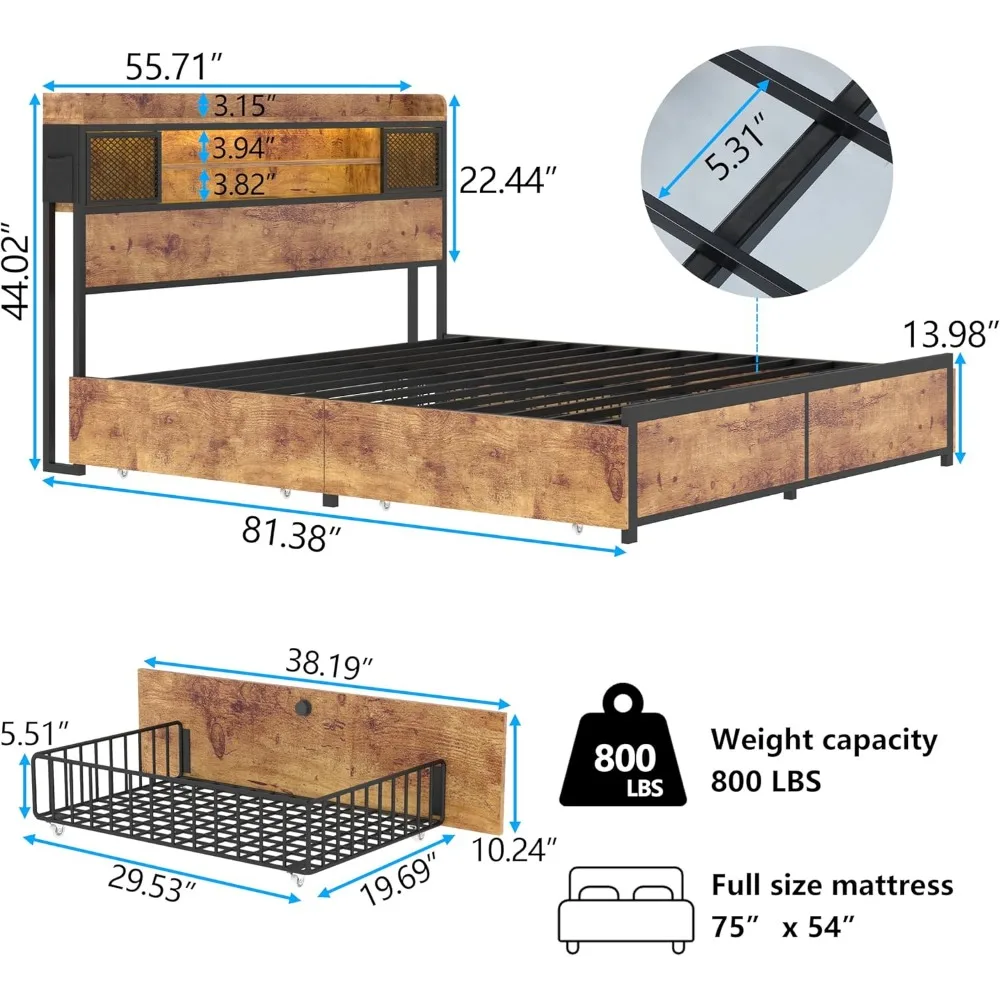 Komplettes Bettgestell mit 4 Schubladen, LED-Bettgestell mit Steckdosen und USB-Anschlüssen, Bettgestellgröße mit Metallplattform und 3-stufigem Stauraum