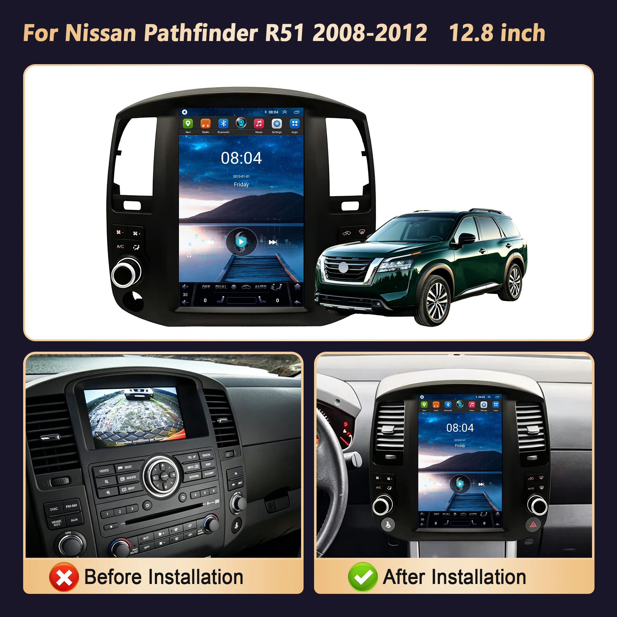 12.8“ Car Radio For Nissan Pathfinder R51 2008-2012 Head Unit Wireless Bluetooth CarPlay Touch Screen Stereo System