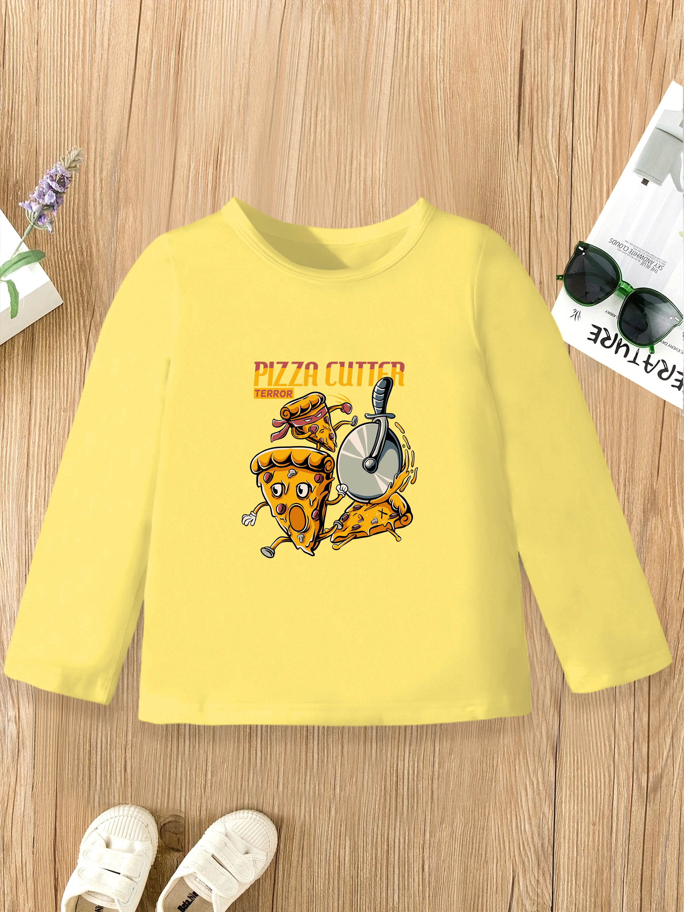 

1 шт.: Осенний повседневный базовый слой для мальчиков — мультяшный принт пиццы