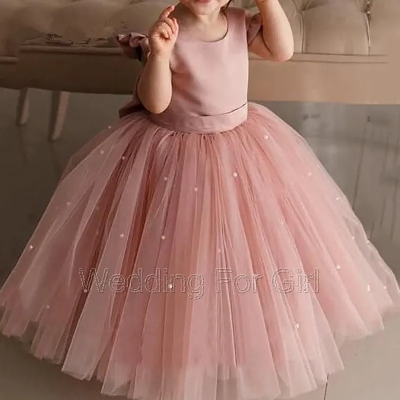 

Cheap Pink Pearls Princess Dress Tea Length Puffy Flower Girl Dresses Kid Brithday First Communion Wedding Party Gowns