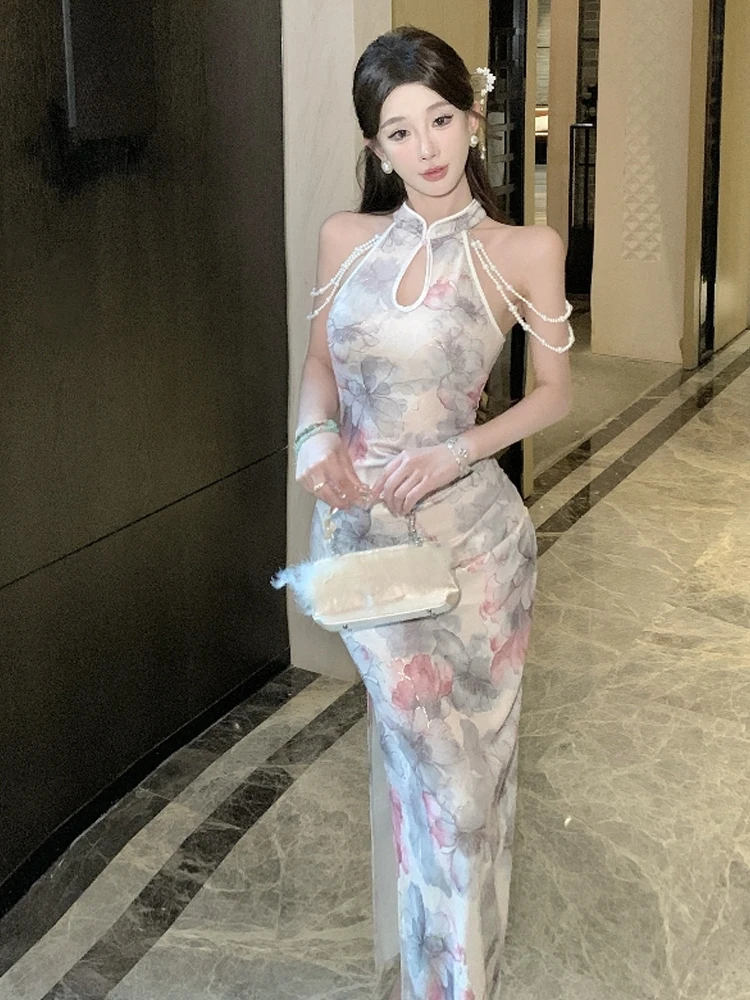 

Сексуальная пикантная девушка, высококачественная цепочка из бисера с золотыми бусинами, облегающая посадка, винтажная винтажная подвесная модифицированная Ципао Dr