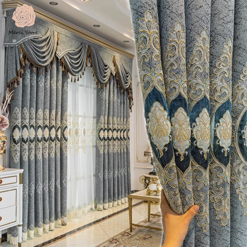 

European Hollow Embroidered Chenille Curtains for Living Dining Room Bedroom Thickened Blackout Modern Simple Style Custom