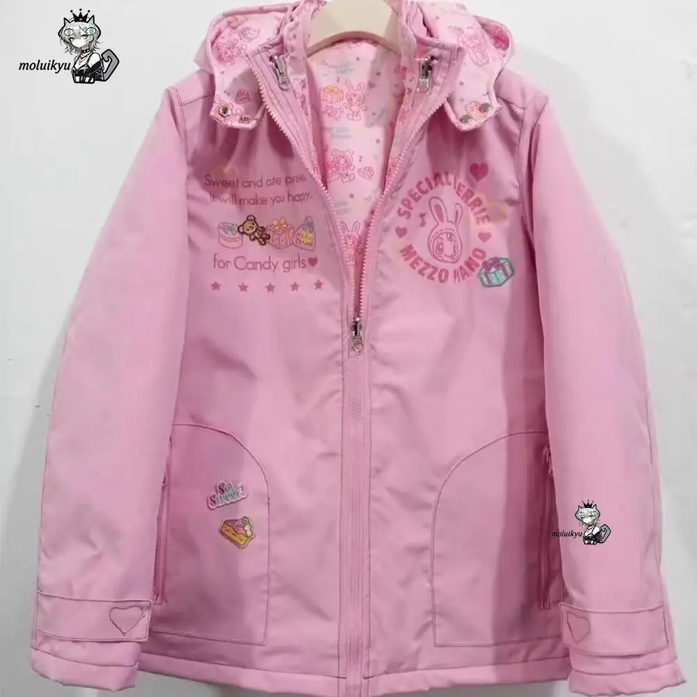 Cute Kawaii Pink Jackets Cartoon Rabbit Print Hooded Windproof Warm Cotton-Padded Coat Y2K Aesthetic Fashion Casual Outwears