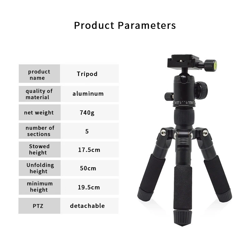 aluminium alloy Travel Tripod with 360°Ballhead, Mini Desktop Tripod for Mirrorless Cameras Folded Height 17.5cm Max Height 50cm