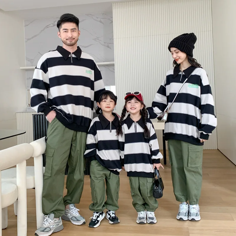 2022 New Embroidered Striped Shirt Sweater Korean Version Loose Casual Parent-child Mother-daughter Top