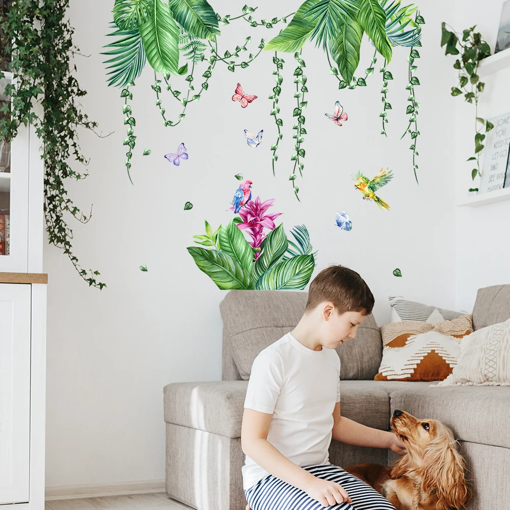 Red Flower Wall Stickers In Green Plants Children's Bedroom Wallpaper Baby Room Decoration Jungle   Animal Murals