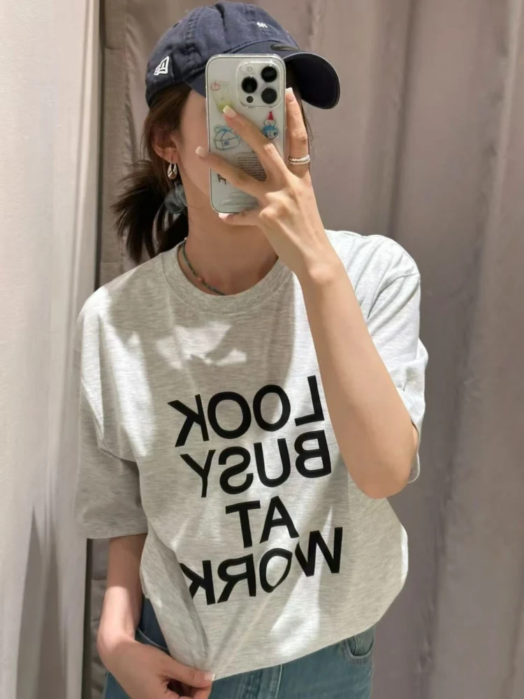 

Лето 2023, женская свободная хлопковая футболка с принтом в американском стиле ретро, круглая футболка Ne, повседневная футболка с креативным принтом и уличным принтом...