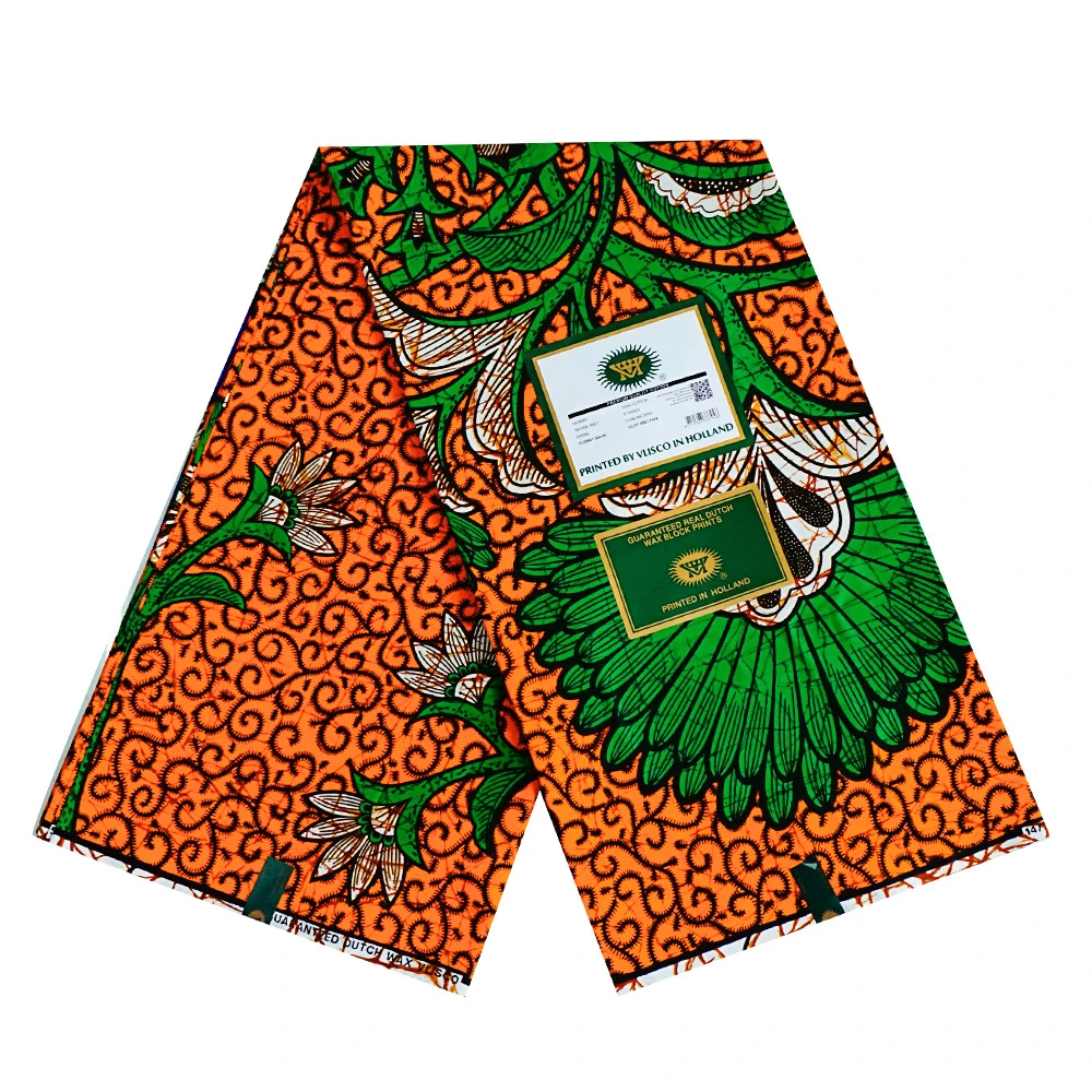 

African Style Wax Fabric with Green Plants on Orange,6 Yards Long,Cotton Batik Material for Summer Clothes Curtain Sofa DIY R919