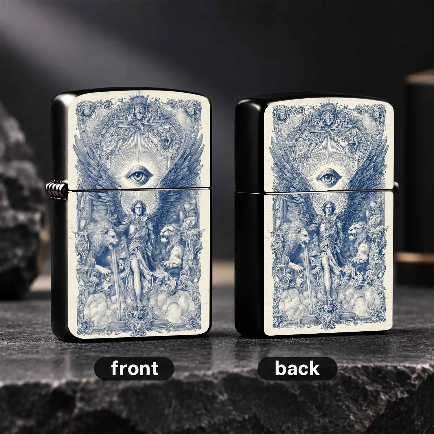 Vintage Blue Engraving All-Seeing Eye Angel Lighter, Ornate Baroque Art Style With Guardian Archangel, Mighty Lions And Sacred All-Seeing Eye Pattern, Exquisite Carved Decorative Accessory, Portable Daily Use For All Occasions, Ideal Gift F