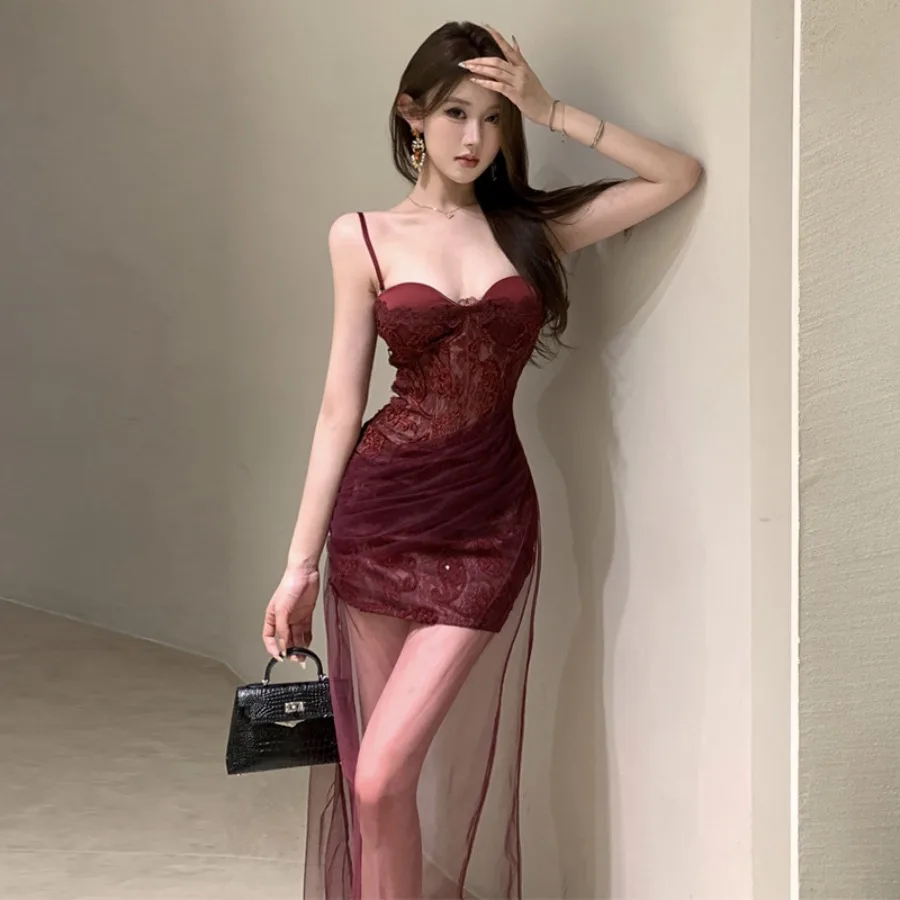 

【New style】2424 Europe America Southeast Asia 2026 women's clothing temperament hot girl lace splicing mesh slim dress