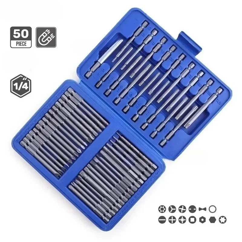 Suitable for hexagonal spline head kit with 50 extra long magnetic safety heads and 1/4 screwdriver head kit