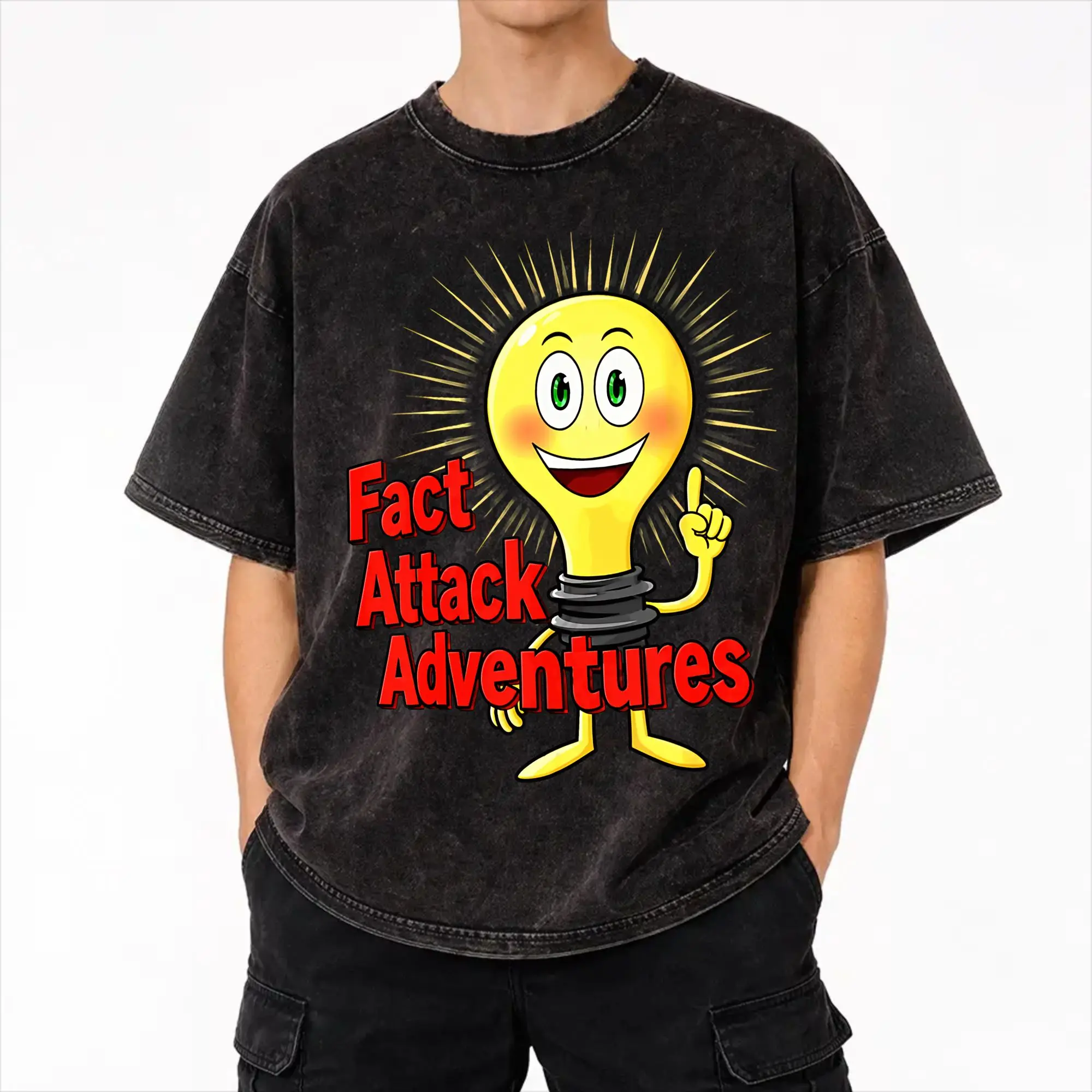 Fact Attack Adventures Lighty Apparel Washed T Shirt Men Women Streetwear Hip Hop T-Shirt Printed  Tees Short Sleeve