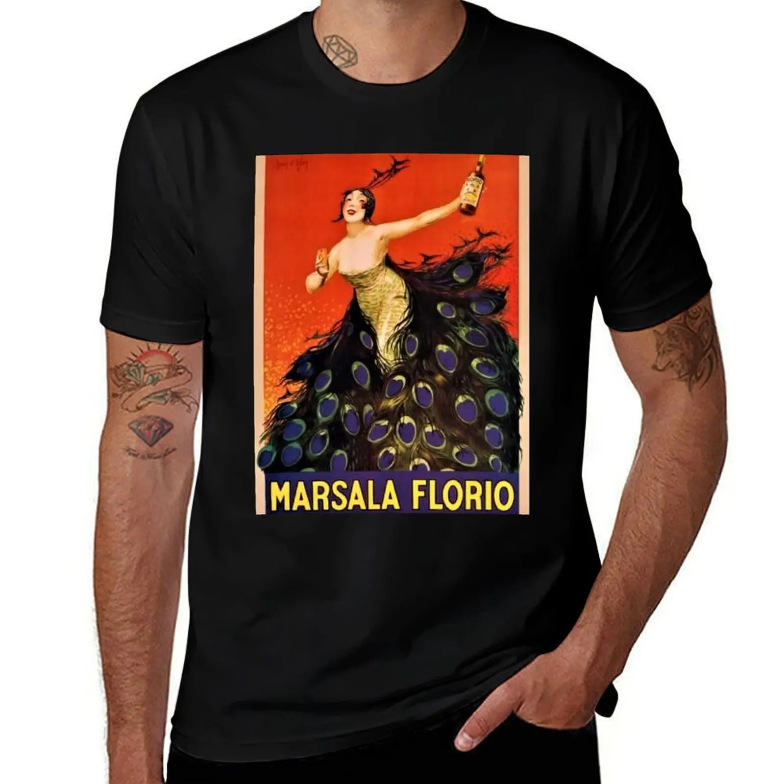 Vintage Marsala Florio Alcoholic Peacock Advertisement Poster T-Shirt Heavy Duty Casual Work Tee T-Shirt