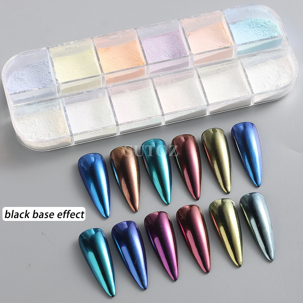 12Grids Aurora Chrome Nail Powder Iridescent Glitter Metallic Mirror Effect for Nails Pearl Rubbing Dust Manicure Pigment GLAMJF