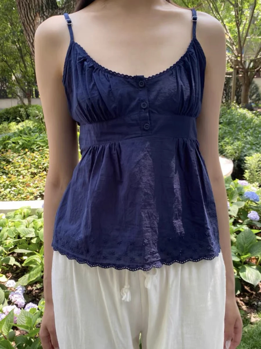 

Темно-синие льняные топы на бретелях с цветочной вышивкой, женские топы на пуговицах с v-образным вырезом, без рукавов, на шнуровке, однотонный универсальный милый повседневный укороченный топ