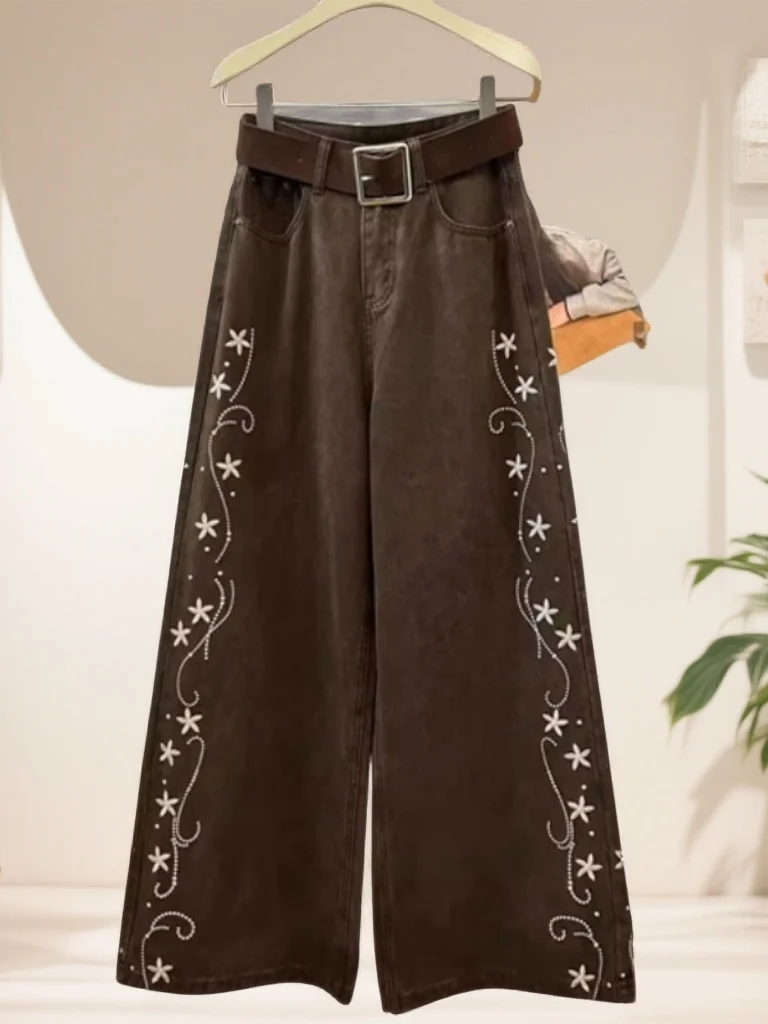 

Модные джинсовые брюки свободного кроя с высокой талией и цветочной вышивкой, женские повседневные широкие брюки в стиле ретро, весенний сезон