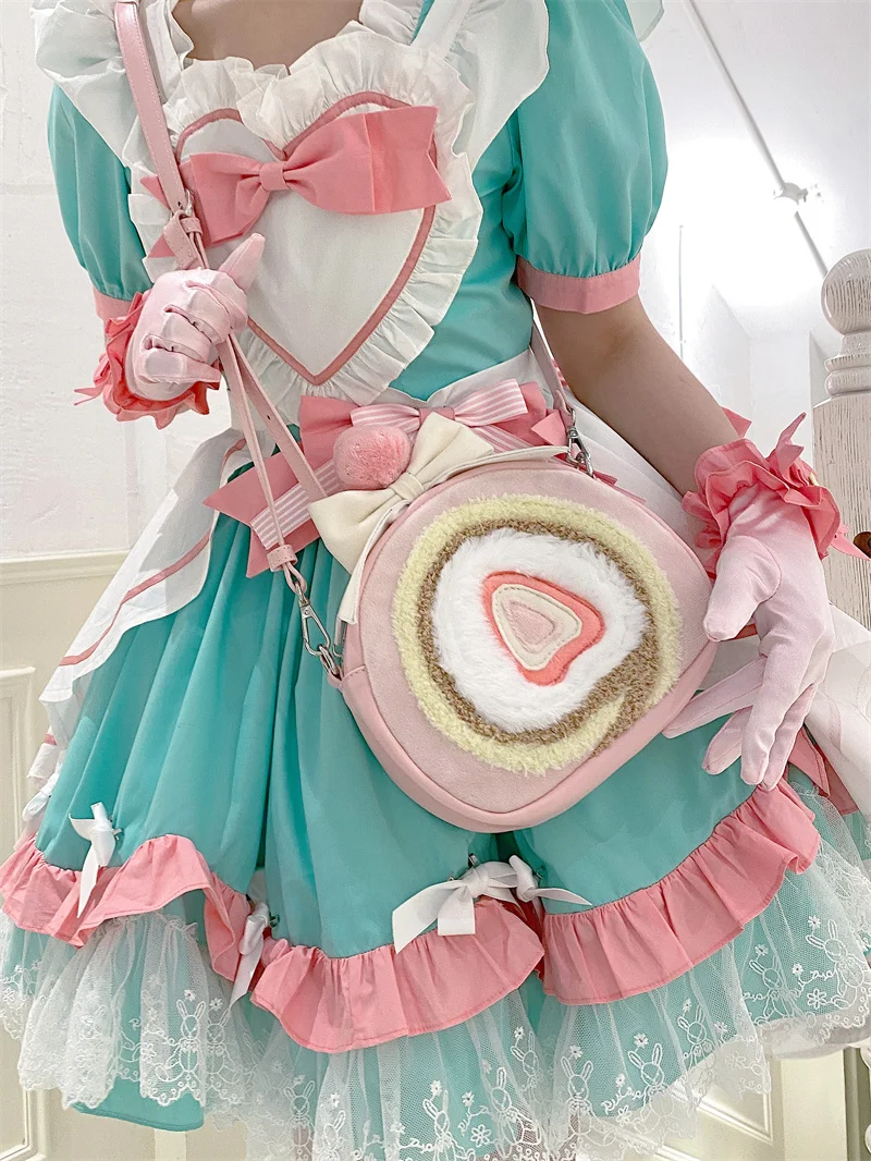 JIAERDI Soft Plush Strawberry Cake Roll Crossbody Bag Women Sweet Kawaii Pink Lolita Bag Girl Large Capacity Bow Backpack Female