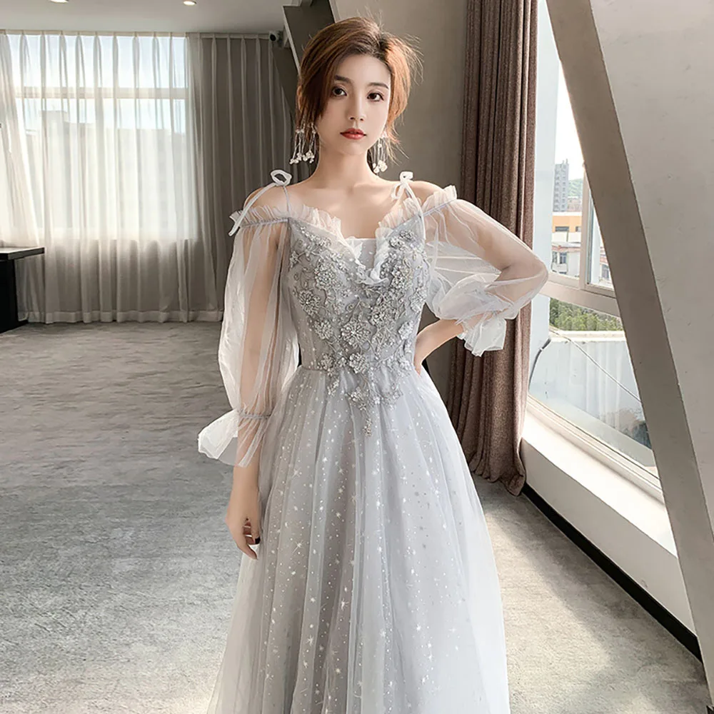 Bridesmaid Dress Women Lantern Sleeve Sequin Tulle Party Dresses Fairy Stage Performance Elegant Ladies Banquet Evening Gown