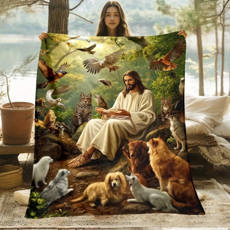 Jesus Christ Surrounded by Forest Wild Animals Religious Flannel Blanket,Christian Faith Wildlife Nature Blanket for Religious