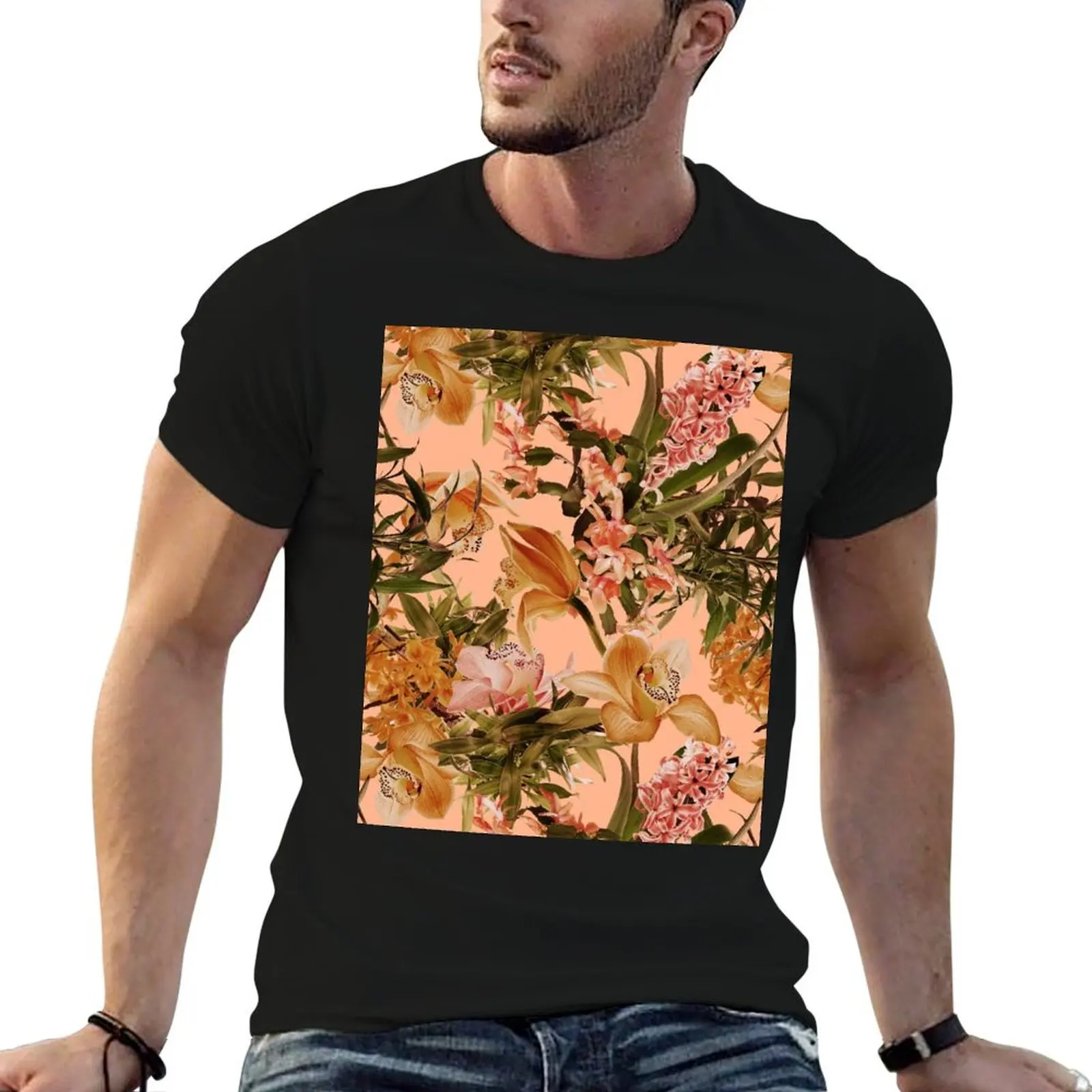 

Tropicalflower pattern on pink background T-Shirt anime clothes custom shirt boys animal print anime stuff Men's t-shirts