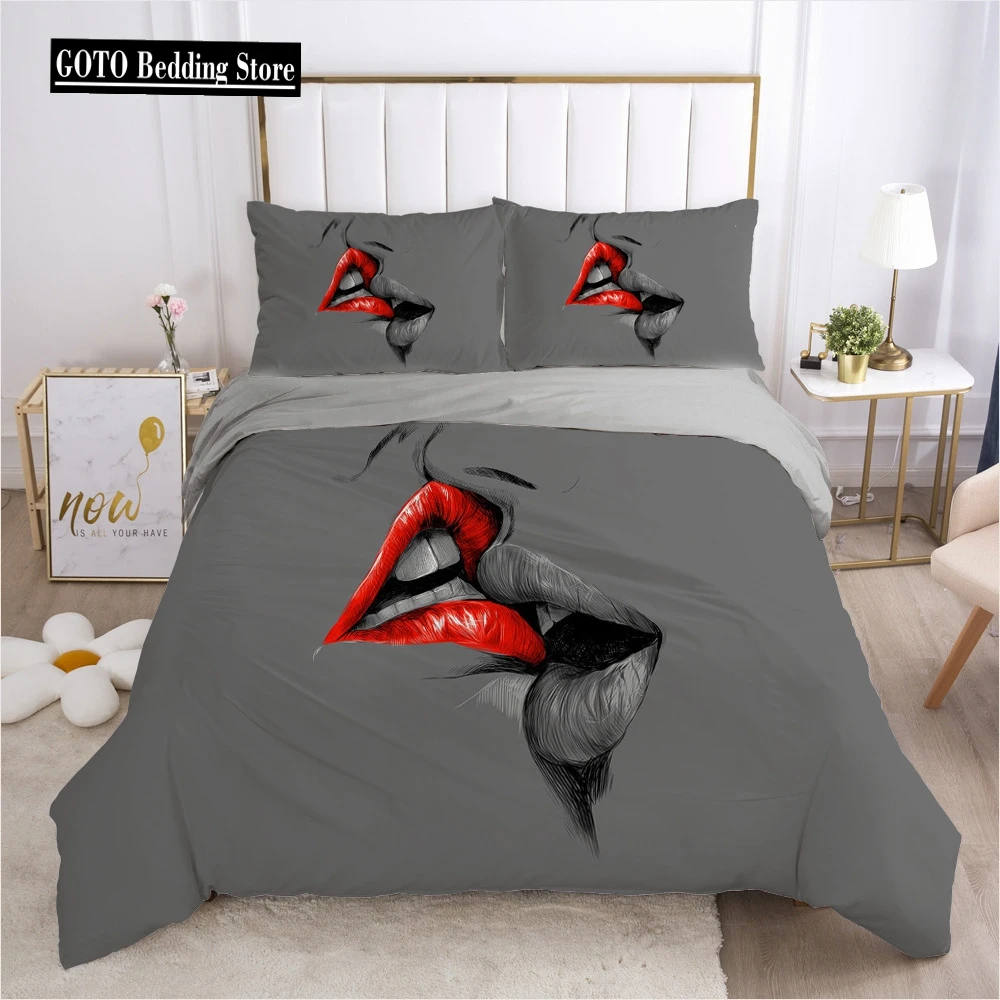 Love Couple Duvet Cover and Pillow Shams Set,Pink, Gray,Sexy Lips,Kissing, Comforter Cover for Women,Girls,bedding set black,red