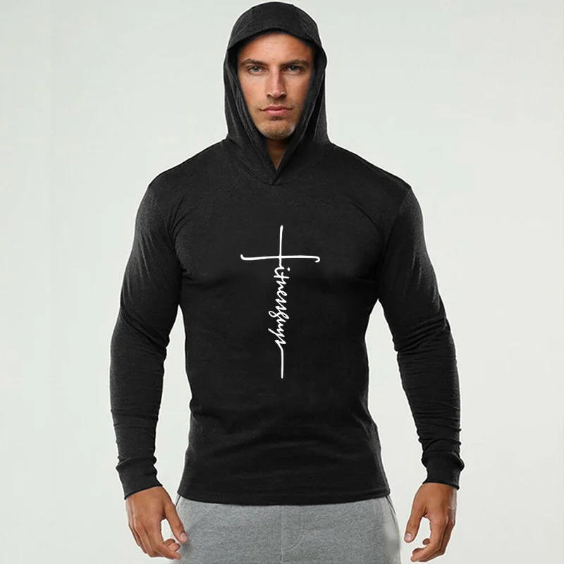 Cotton Hooded T Shirt Men Spring Autumn Long Sleeve Tshirt Casual Fitness Tops Tee Brand Training T-Shirt Men Slim Fit Gym Shirt