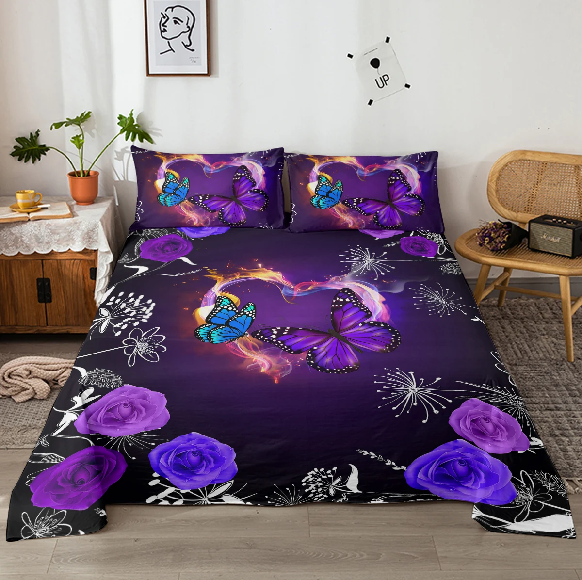 Aesthetics Butterflies Sheet Set 4 Piece Extra Deep Pocket Fireworks and Roses 1 Fitted Sheet, 1 Flat Sheet, 2 Pillowcases