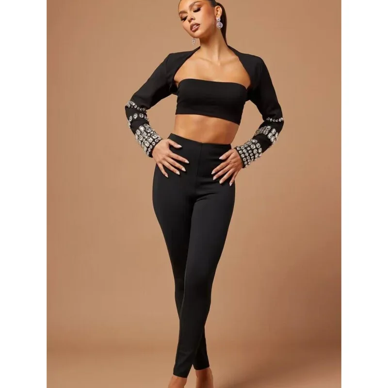 

2025Новое поступление, короткий жилет со сверкающими бриллиантами, узкие брюки, модный популярный повседневный бандажный комплект