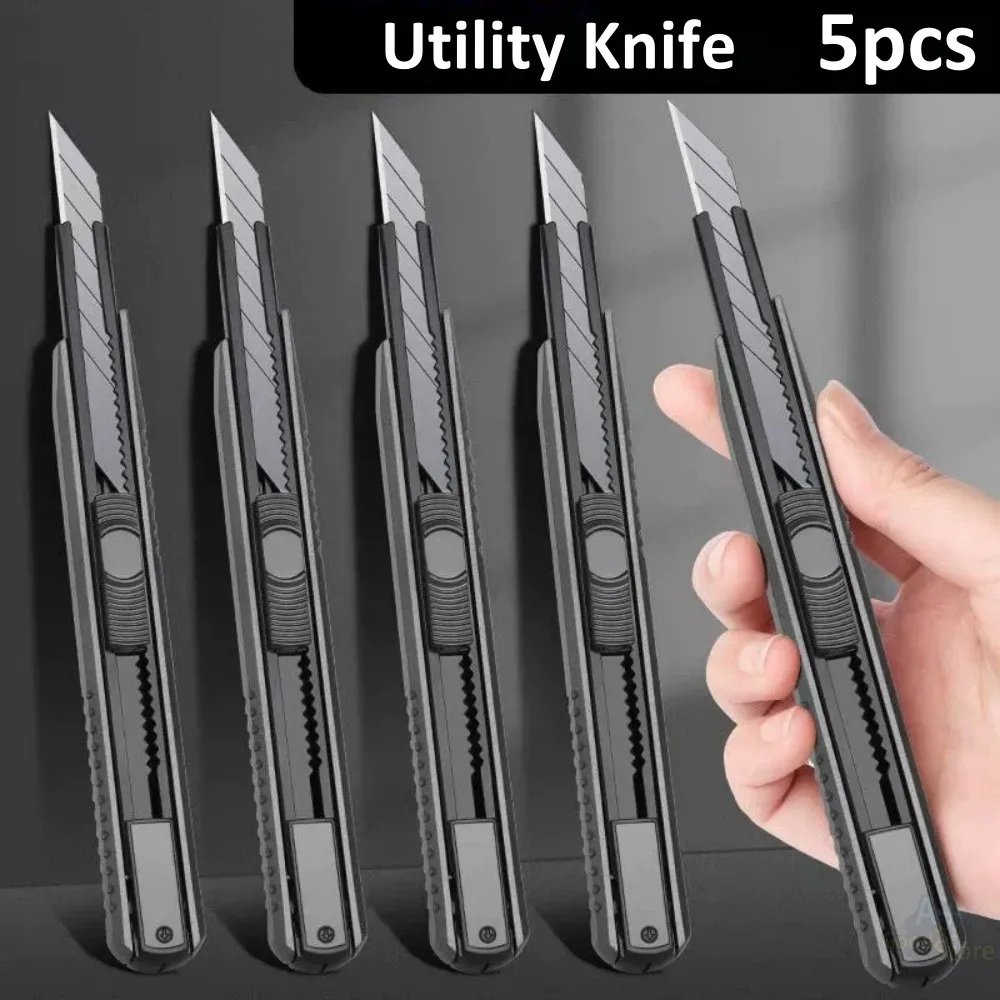 5pcs Stainless Steel Blade Retractable Utility Knife 9mm Snap Off Knife Express Box Paper Cutter Craft Wrapping Cutting Tool