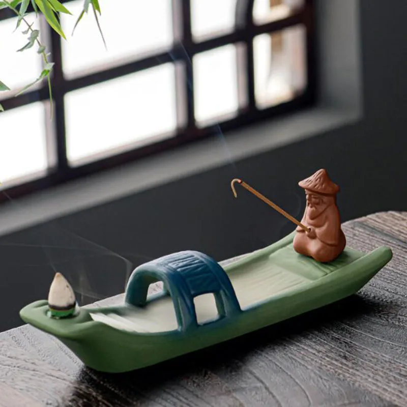 

Dark Green Porcelain Stick Incense Holder Old Man Fishing Smoking Backflow Cones Aroma Burner Fragrance Censer Home Decor