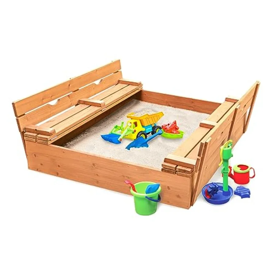 Outdoor wooden sandbox with lid and benches for kids made of cedar wood natural color foldable cover and built-in seating for b