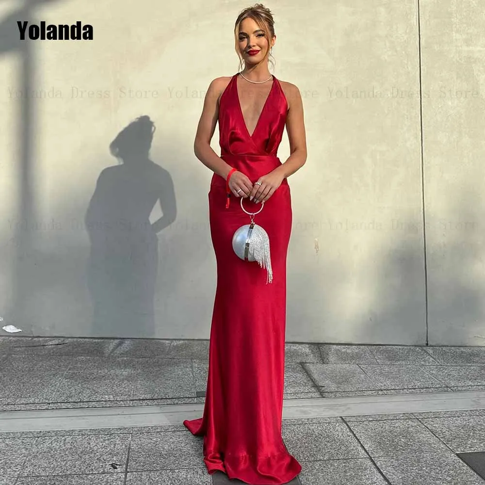 Fashion 2024 New Design A-line Evening Dresses Halter V-Neck Satin Sleeveless Open Back Party Dress Floor Length Robe de soirée