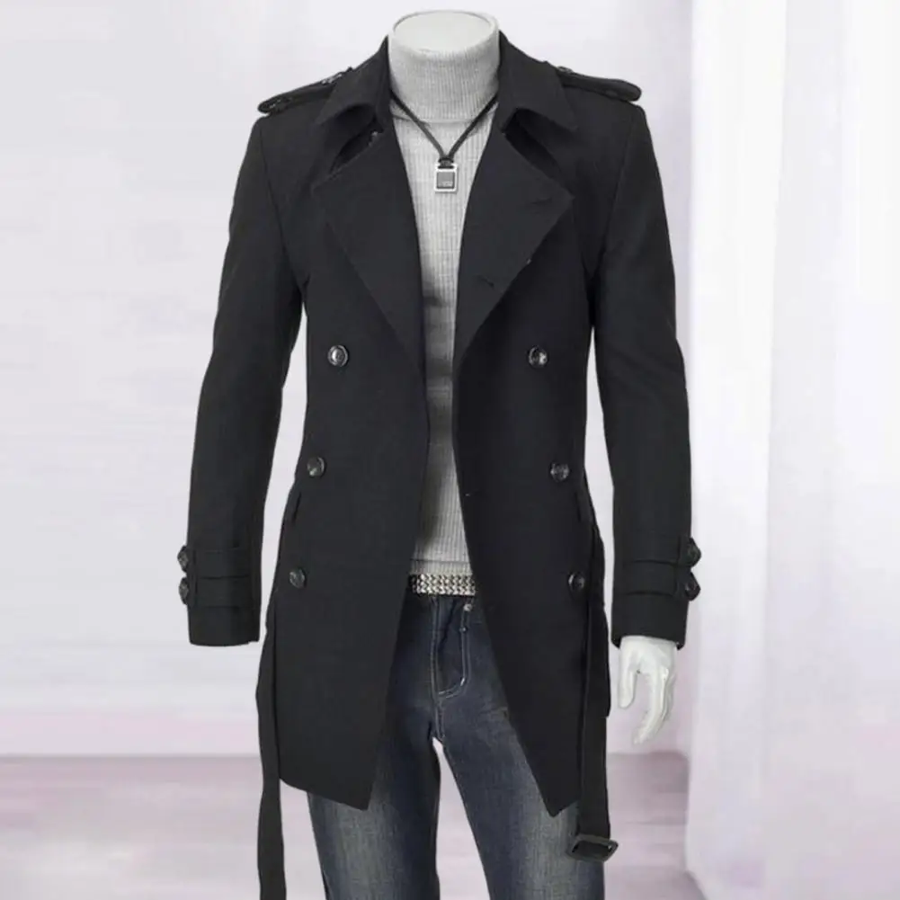 Men Fall Winter Trench Coat Long Sleeve Solid Color Lapel Double-breasted Belted Notch Collar Mid Length Men Jacket Windbreaker