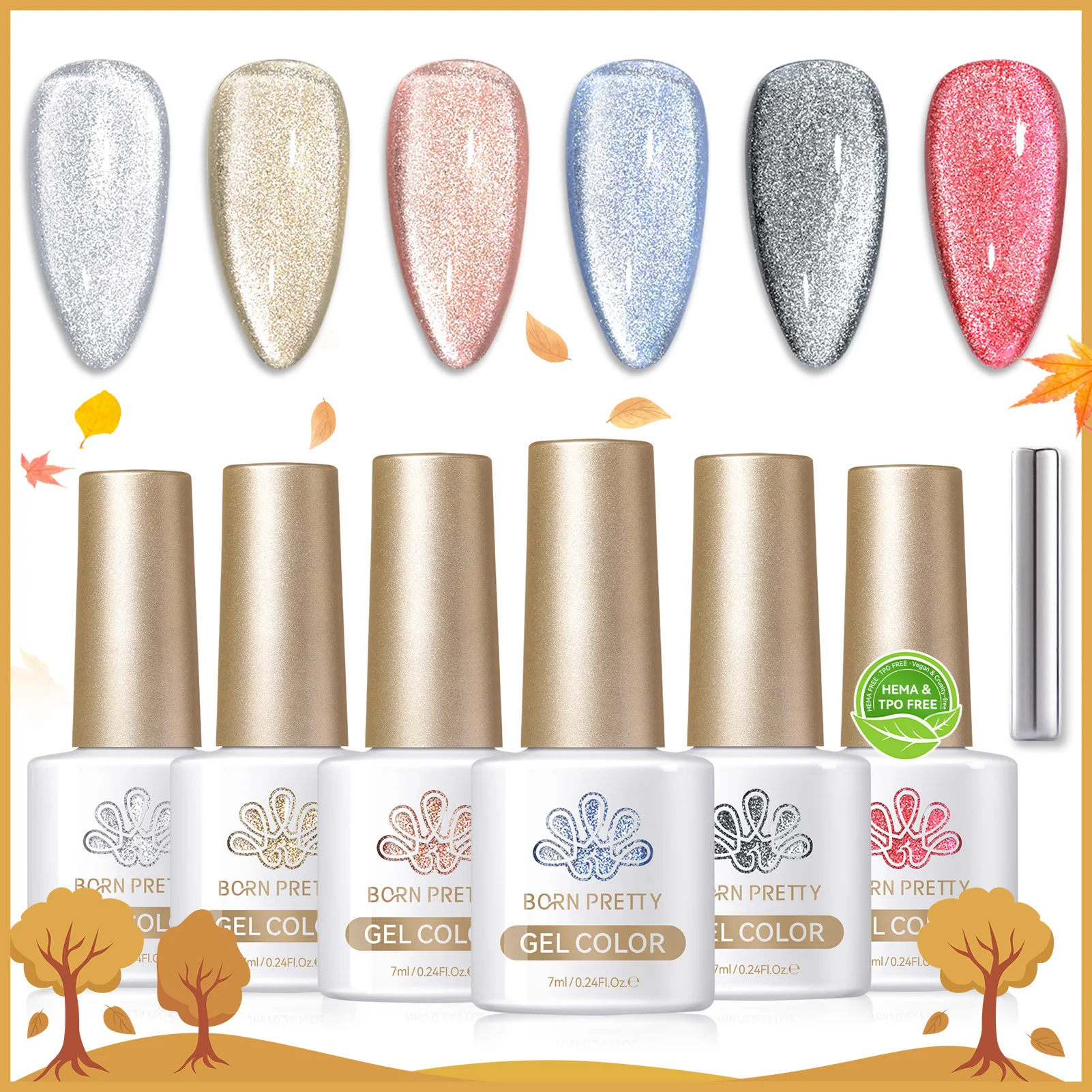 BORN PRETTY HEMAフリー クリスマス グラスビーズ キャットマグネティック ジェルネイルポリッシュセット 6本入り クリスマスグリッター 長持ち マニキュア