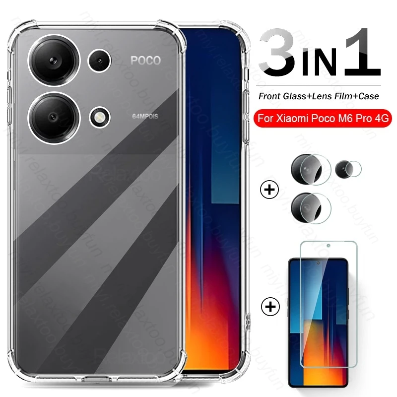 3To1 Camera Protective Glass For Xiaomi Poco M6 Pro 4G Case Screen Protectors Poko Little M6Pro M 6 Pro 4G Clear TPU Soft Cover